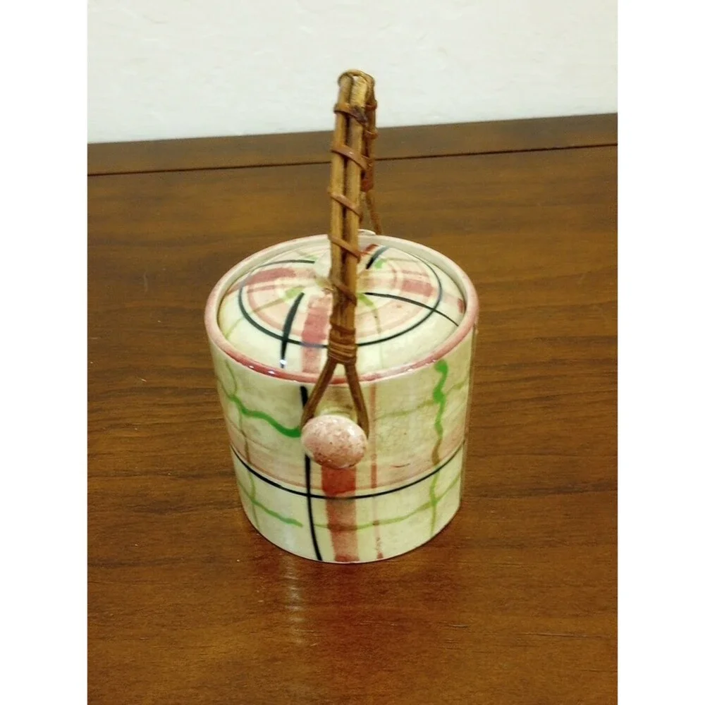 Japanese Porcelain Tea Caddy Biscuit Barrel With Woven Handle - Vintage!